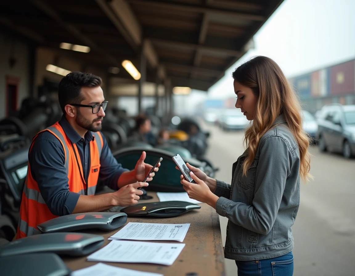 Cliente comparant une pièce détachée d'occasion avec un employé au comptoir extérieur d'une casse automobile