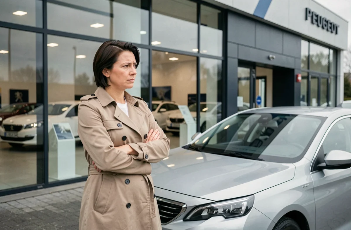 Femme hésitante devant un concessionnaire Peugeot regardant une nouvelle voiture