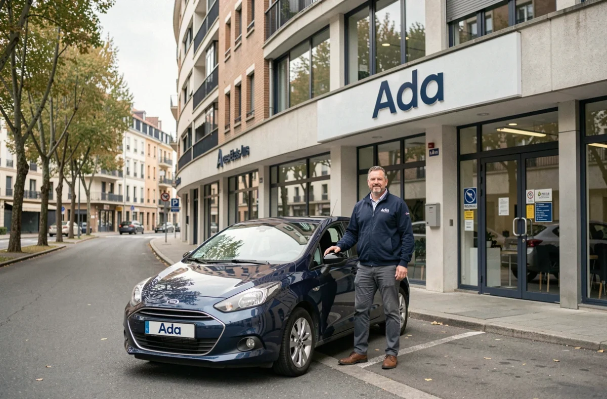 Agence Ada Toulouse États-Unis avec agent en veste bleue Ada debout à côté d'une voiture compacte devant la façade de l'agence