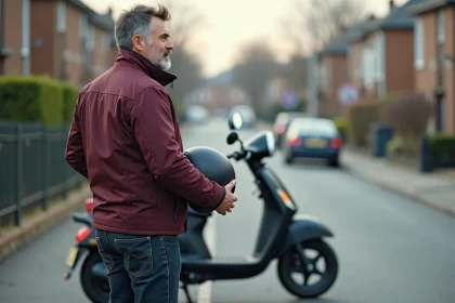 Adulte débutant debout à côté d'un scooter 50cc dans une rue résidentielle calme, tenant son casque sous le bras