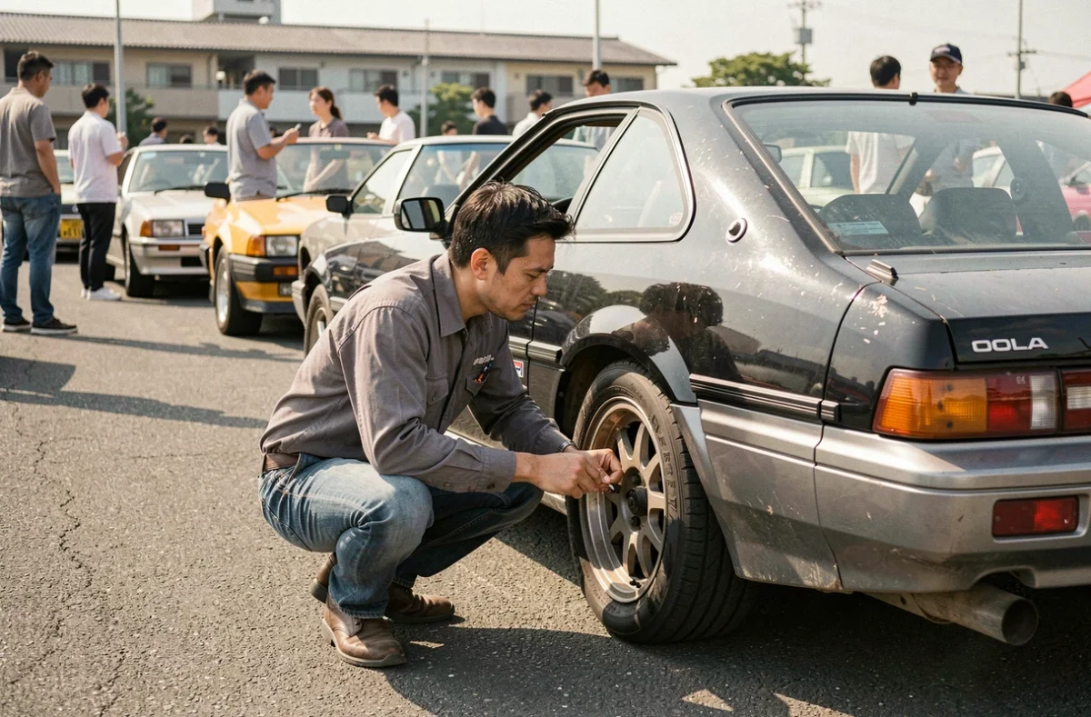 Un passionné inspecte une Toyota AE86 Trueno Corolla noire et argent lors d'un rassemblement de voitures classiques à Osaka