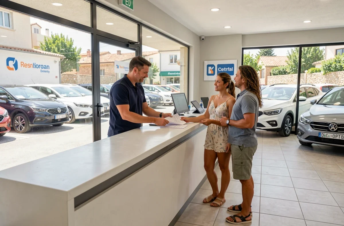 Agent d'une agence de location de voitures dans le Var accueillant des clients au comptoir