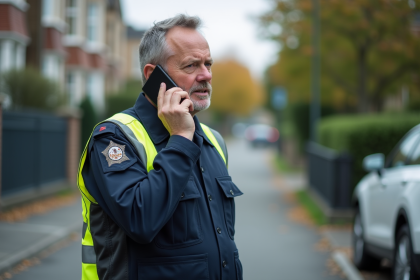 Agent municipal en uniforme parle au téléphone dans la rue