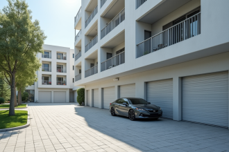 Immeuble moderne avec garages fermés et voiture devant une porte