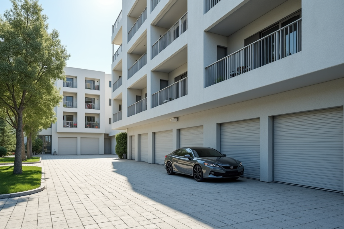 Immeuble moderne avec garages fermés et voiture devant une porte