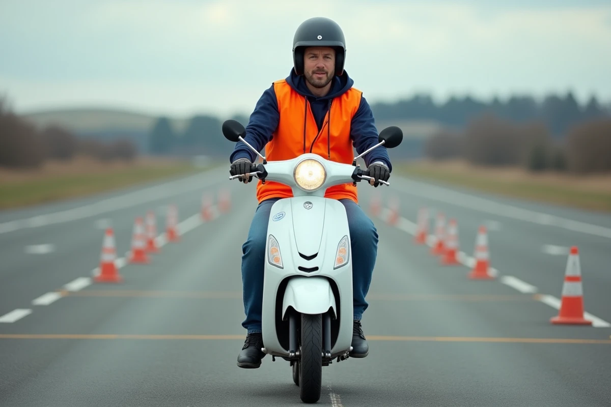 Homme adulte en cours d'apprentissage de la conduite d'un scooter 50cc sur un terrain d'entraînement balisé avec des cônes