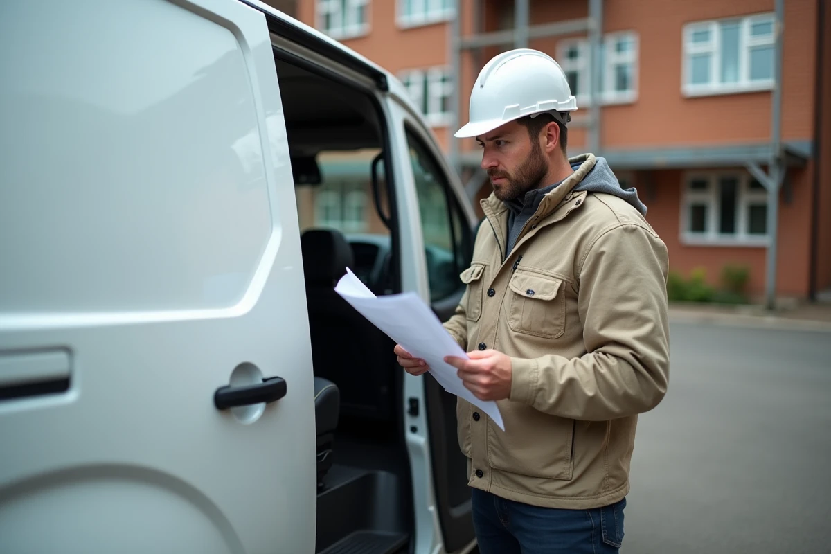 Artisan du bâtiment consultant ses plans devant un Peugeot Expert grande longueur en milieu urbain