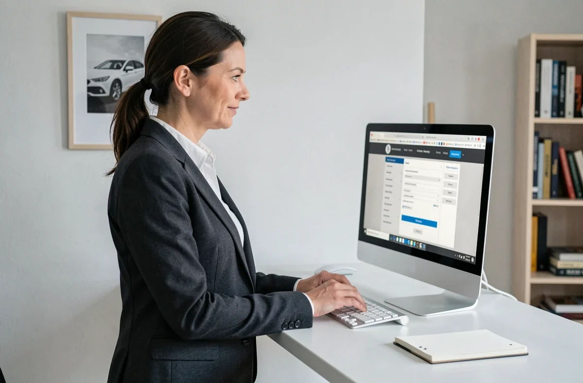 Femme professionnelle souscrivant une assurance auto en ligne depuis son bureau à domicile