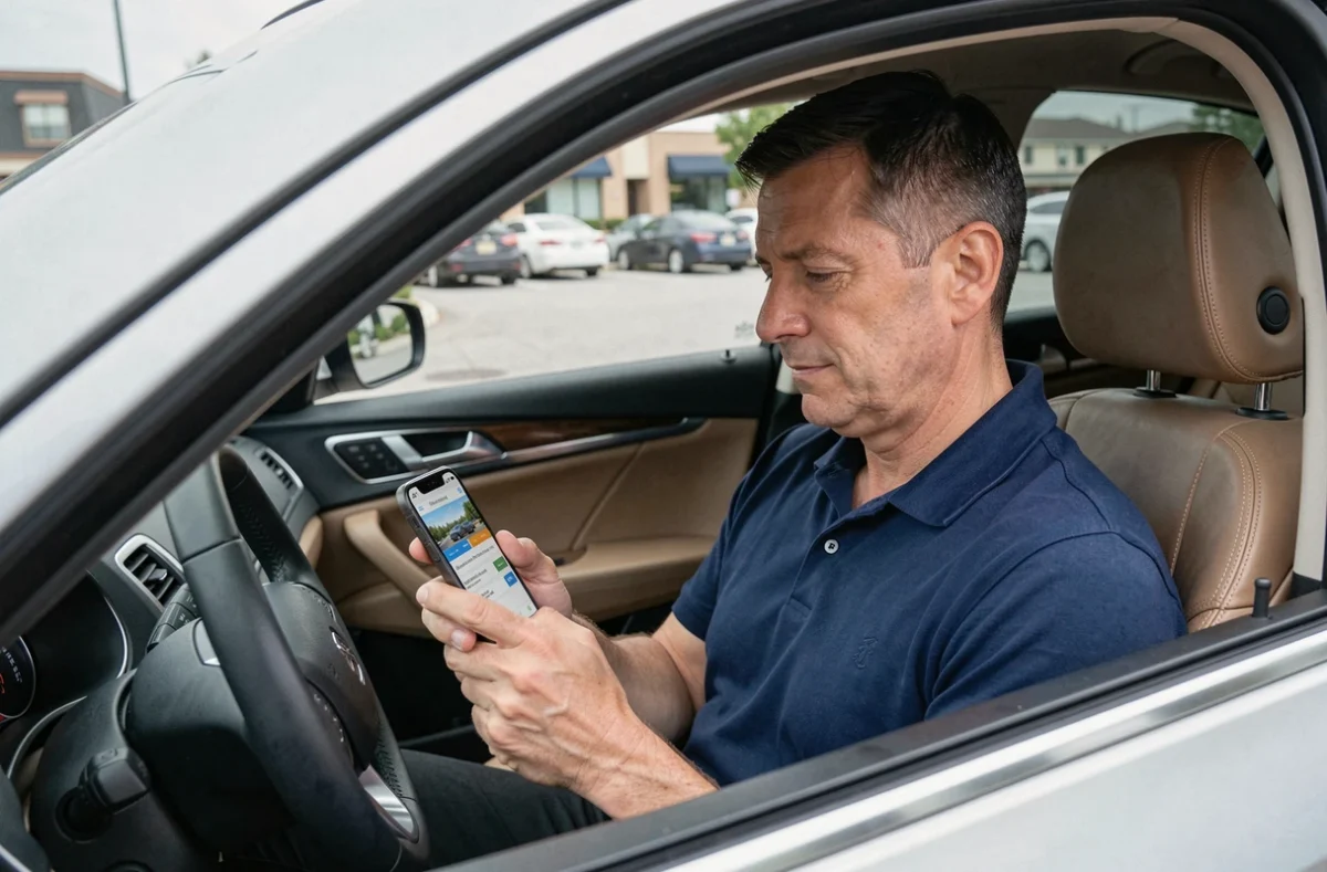 Homme consultant une offre d'assurance auto sur smartphone à l'intérieur de sa voiture