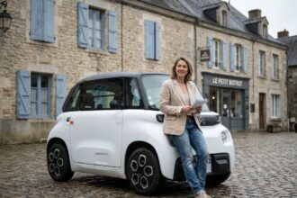 Femme tenant des documents d'assurance appuyée contre une petite voiture sans permis dans une rue pavée française