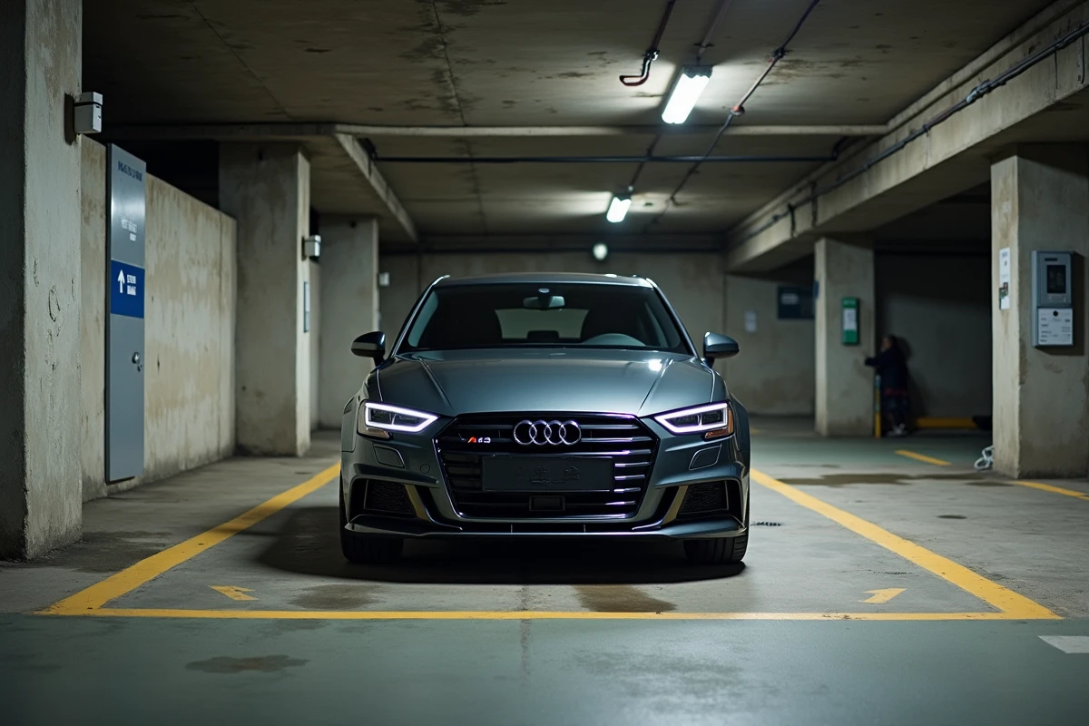 Audi A3 Sportback grise à l'entrée d'un parking souterrain en centre-ville avec barre de hauteur