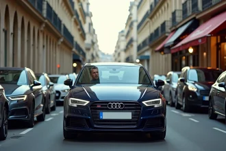 Audi A3 Sportback bleue naviguant dans une rue étroite de Paris entre des immeubles haussmanniens