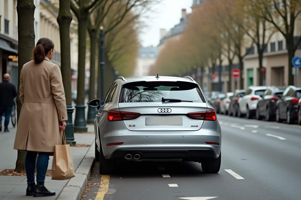 Audi A3 Sportback argentée se garant dans un espace réduit sur un boulevard urbain animé