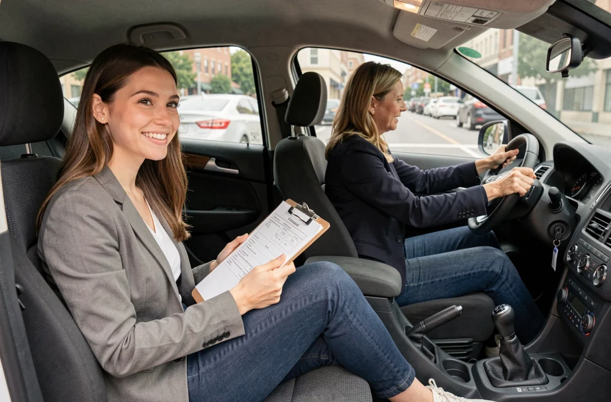 Élève et monitrice de l'auto-école Anaelle lors d'une leçon de conduite dans le Val-d'Oise