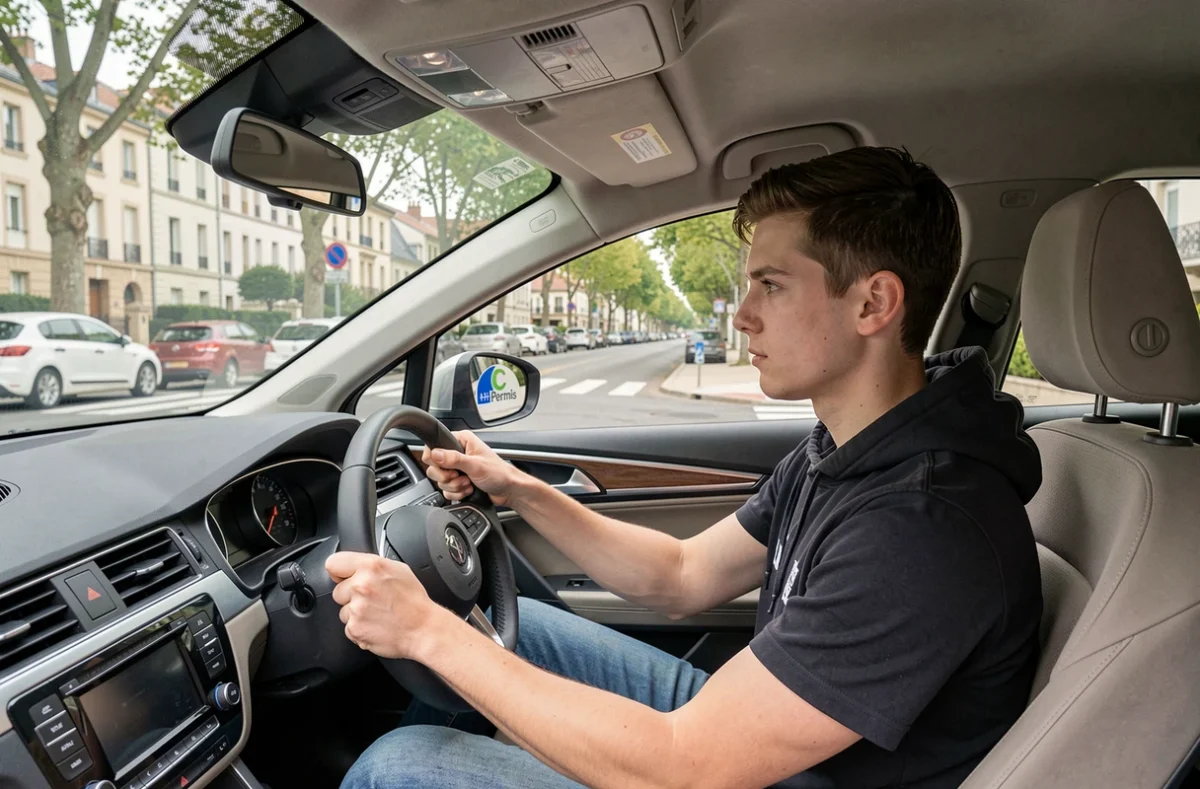 Jeune conducteur en formation chez Auto Ecole C'Permis dans une rue du Val-d'Oise