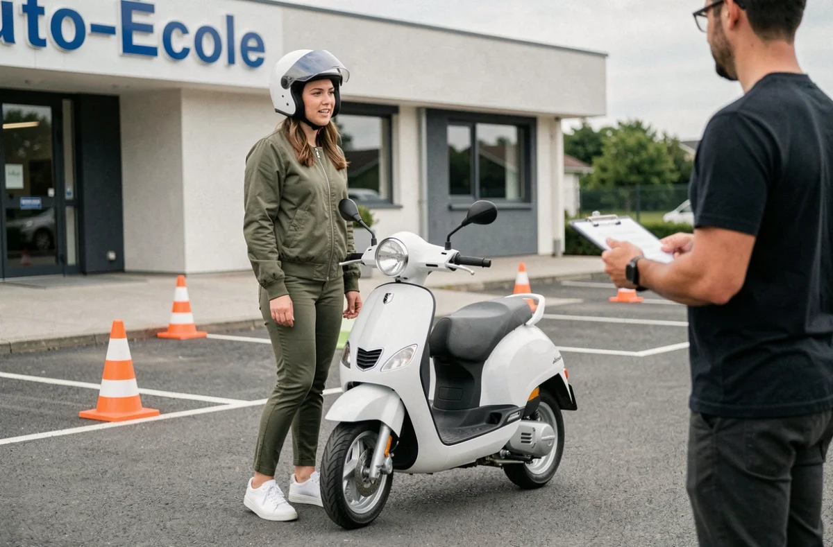 Jeune femme à l'auto-école discutant des conditions légales pour conduire un scooter 3 roues sans permis moto