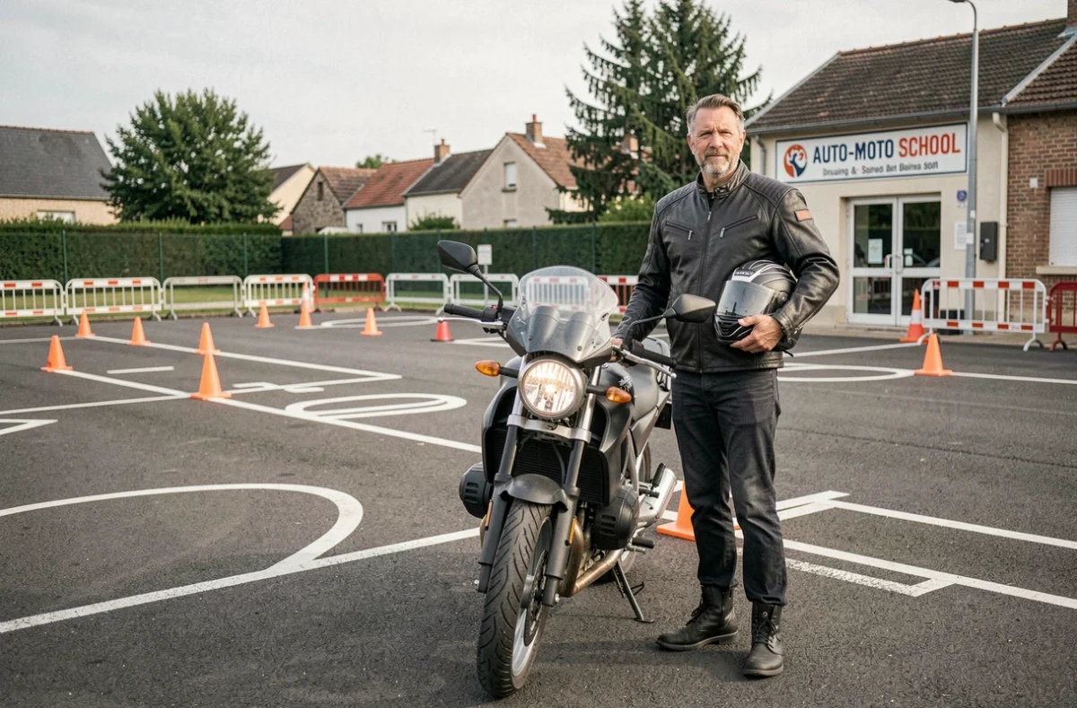 Moniteur moto d'Auto Moto Marines sur un terrain d'entraînement dans le Val-d'Oise