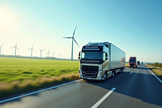 Autoroute européenne avec camions en ligne et champs verts