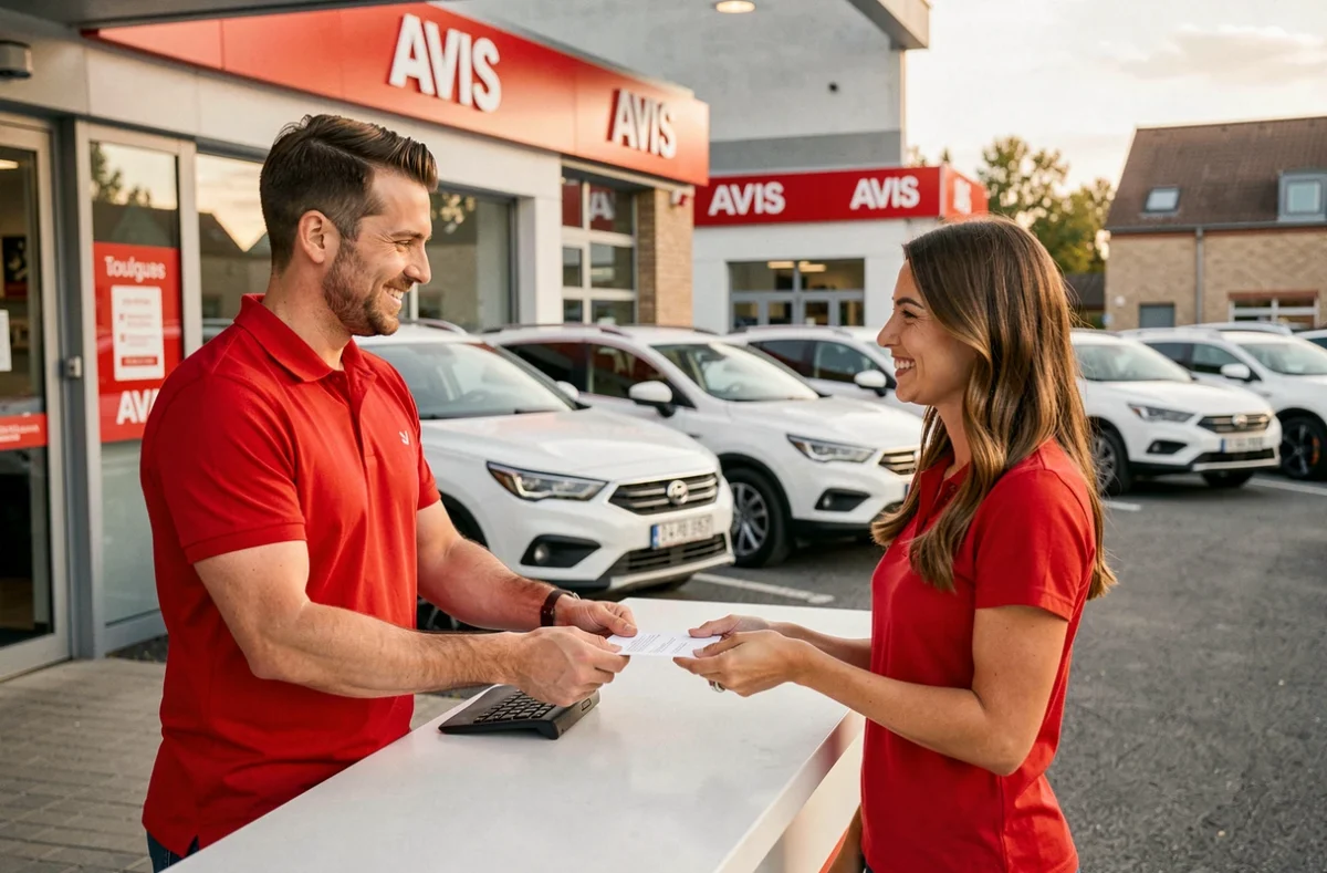 Agence Avis Toulouse avec agent en polo rouge remettant un contrat de location à une cliente souriante devant une rangée de véhicules