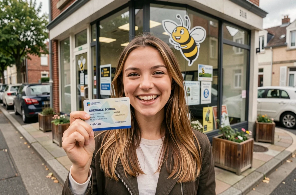 Nouvelle titulaire du permis de conduire devant l'auto-école Bee Driver dans le Val-d'Oise