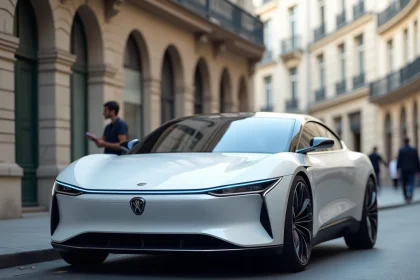 Berline électrique chinoise moderne garée dans une rue parisienne avec des façades haussmanniennes en arrière-plan flou