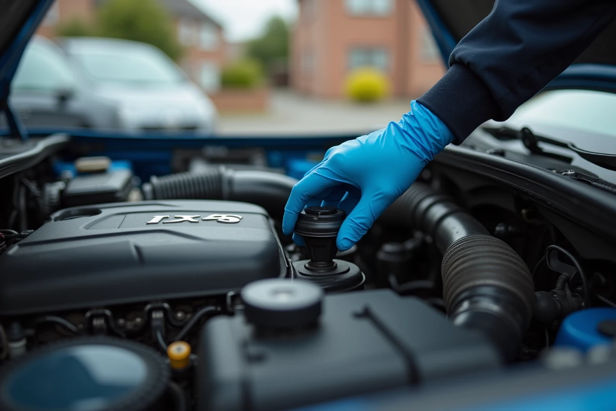 Gros plan sur le bouchon de remplissage d'huile moteur d'une Peugeot 208 ouvert par une main gantée lors d'une vidange maison