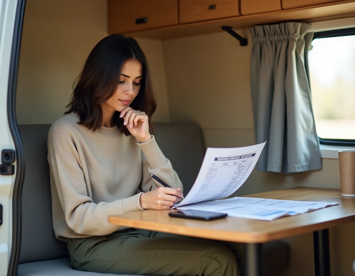 Femme consultant des documents d'assurance et un budget prévisionnel à l'intérieur d'un fourgon aménagé d'occasion