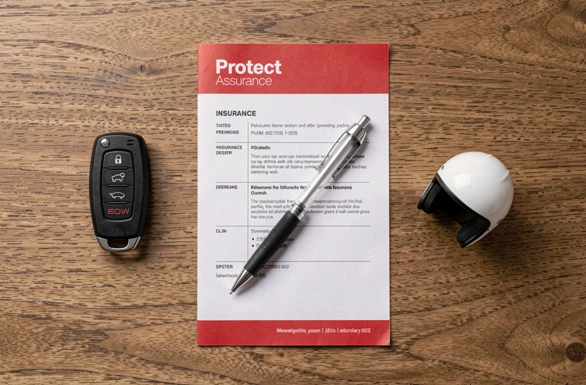 Vue de dessus d'un bureau avec clé de scooter, contrat d'assurance et stylo pour illustrer la couverture Protect Assurance