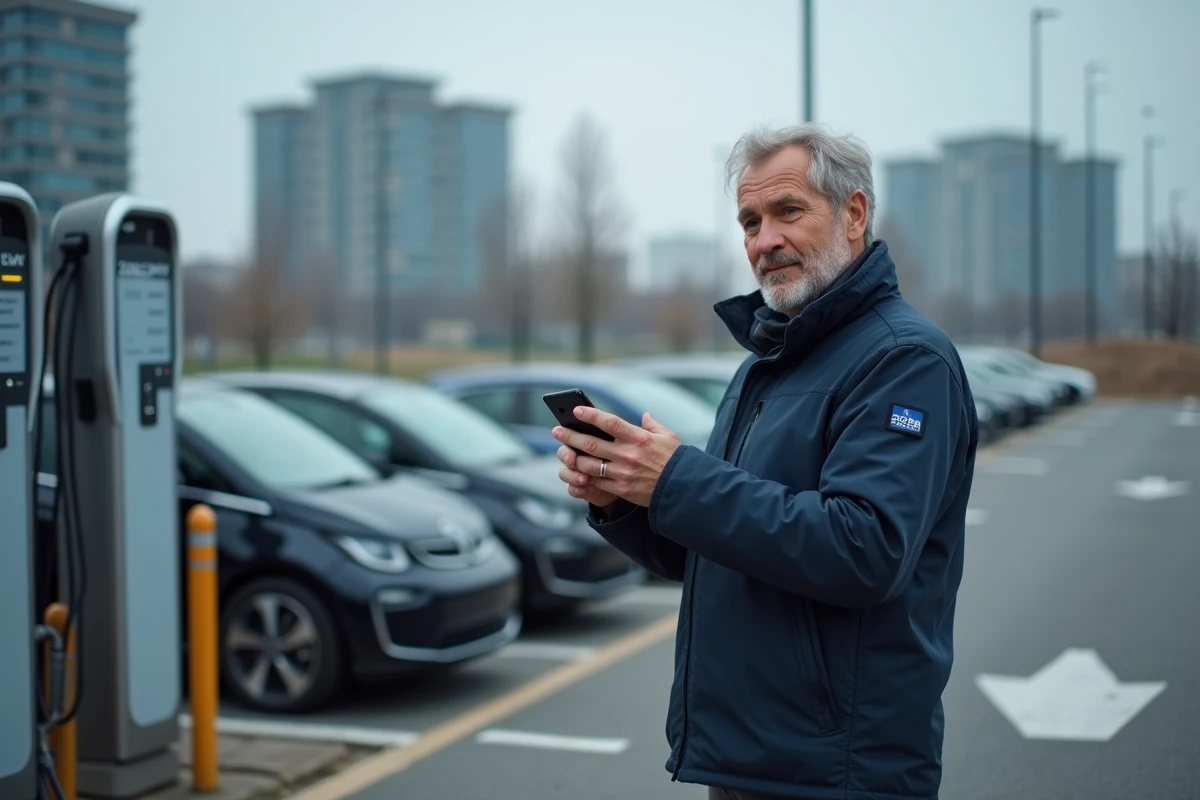 Homme consultant une application calculateur de charge pour véhicule électrique sur smartphone devant une borne de recharge publique en ville