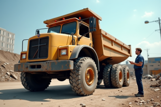 Camion benne d'occasion en chantier avec mécanicien inspectant