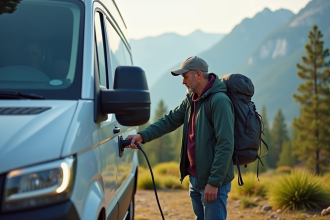Homme branchant un van électrique en pleine nature