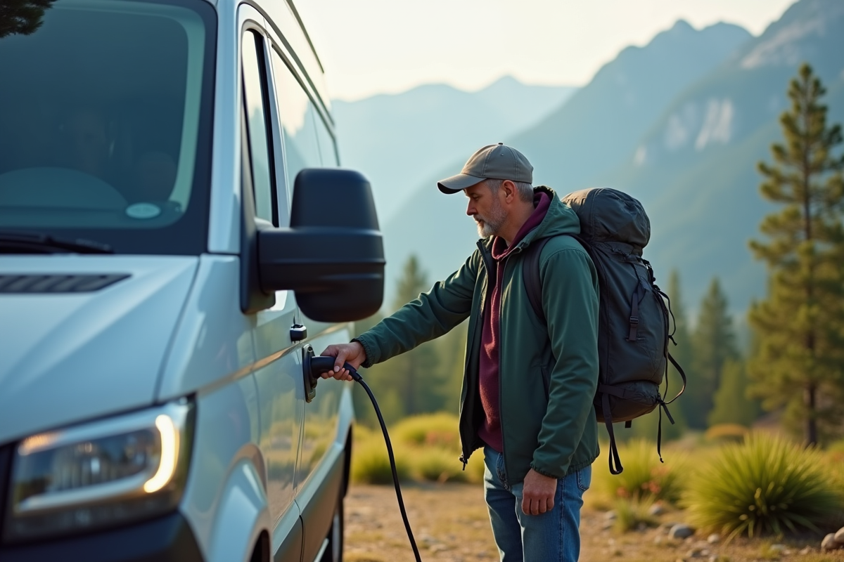 Homme branchant un van électrique en pleine nature