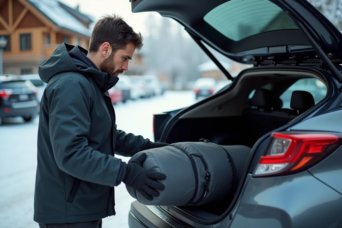 Homme chargeant un sac à skis dans le coffre d'un Toyota C-HR dans un parking de station de ski