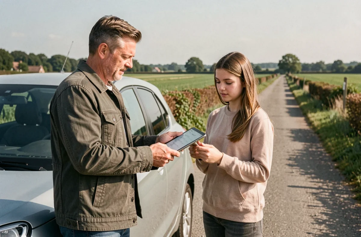 Moniteur de Chars Driving School et une élève révisant sur une route rurale du Val-d'Oise