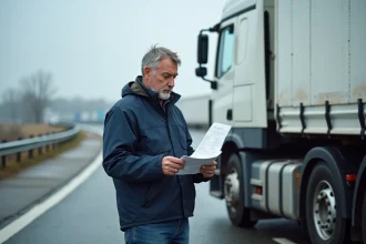 Chauffeur de poids lourd consultant un document de réglementation routière devant son camion sur une aire d'autoroute française