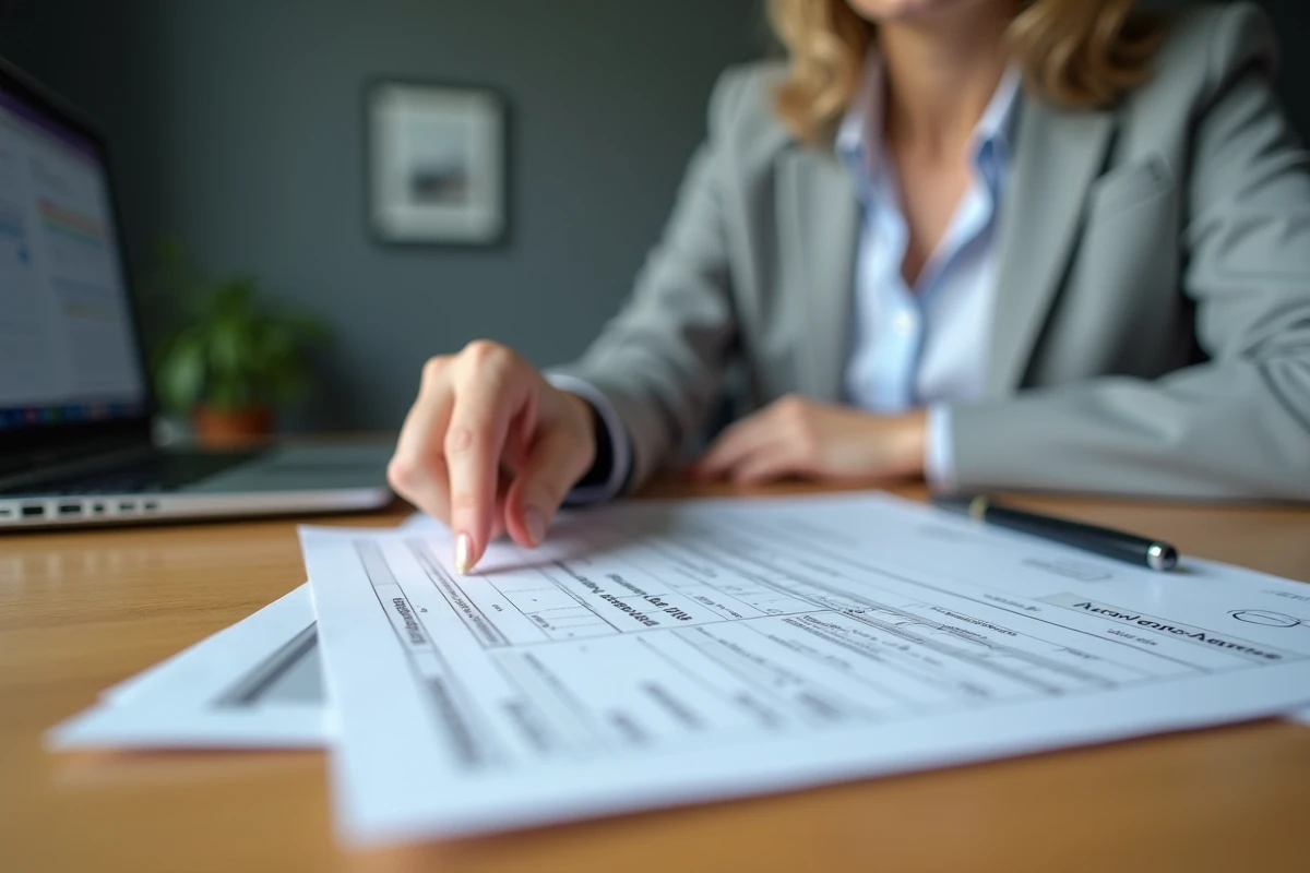 Conseillère en assurance présentant le calcul des chevaux fiscaux sur un document d'immatriculation de véhicule