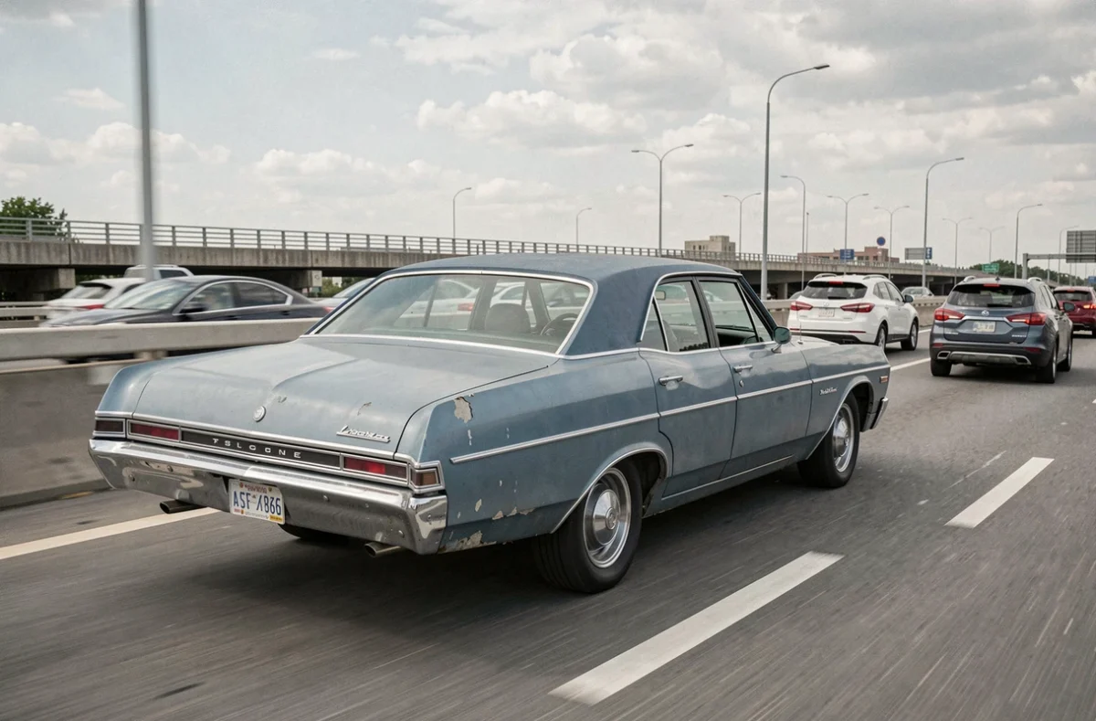 Chevrolet Impala 4 portes 1967 bleue en circulation sur autoroute entourée de voitures modernes, usage quotidien