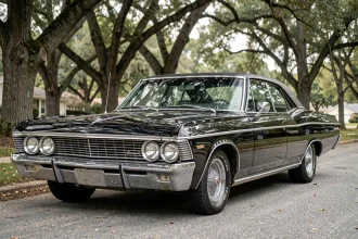 Chevrolet Impala 4 portes 1967 noire en daily driver garée dans une rue résidentielle arborée