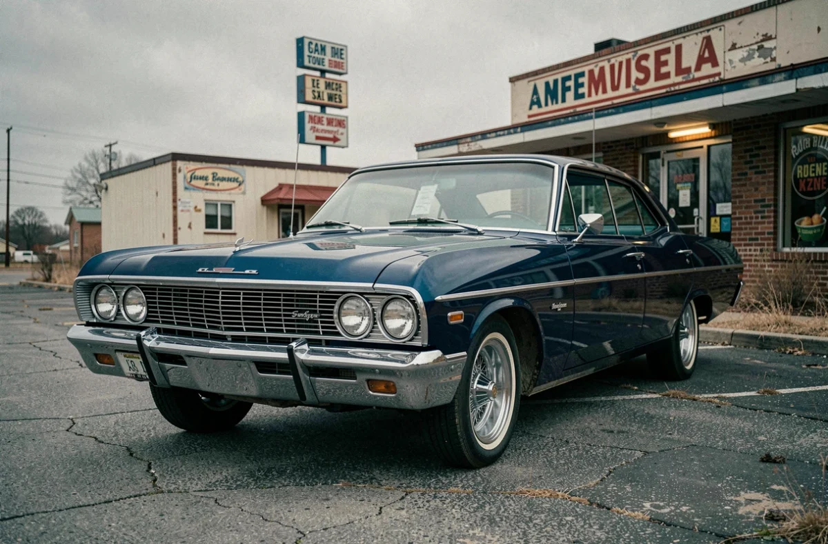 Chevrolet Impala classic restaurée garée devant un diner américain, carrosserie bleue avec reflets chromés et patine authentique