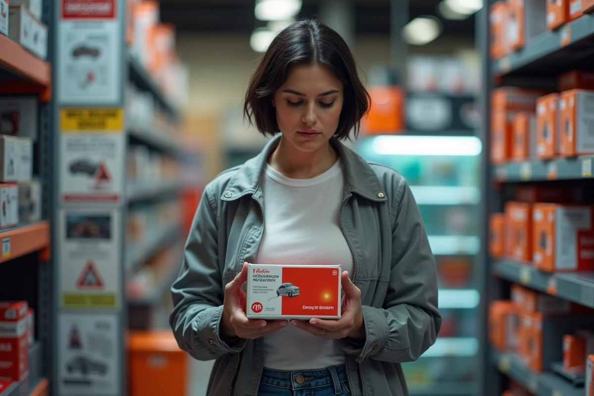 Femme comparant des balises V16 homologuées dans un magasin d'accessoires automobiles
