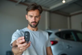 Homme tenant une clé télécommande Renault Clio 4 dans la main dans un garage