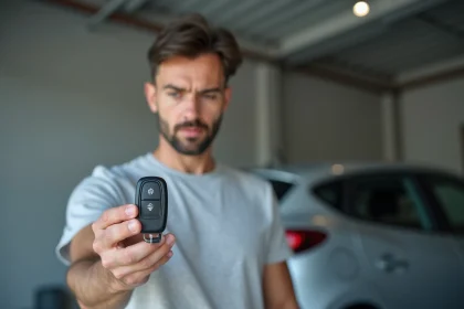 Homme tenant une clé télécommande Renault Clio 4 dans la main dans un garage