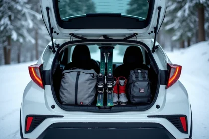 Coffre ouvert d'un Toyota C-HR blanc chargé de skis et équipements de montagne sur route enneigée