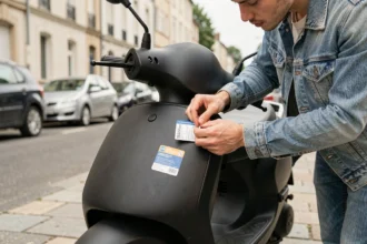 Jeune homme collant une vignette d'assurance sur un scooter 50cc noir dans une rue résidentielle française