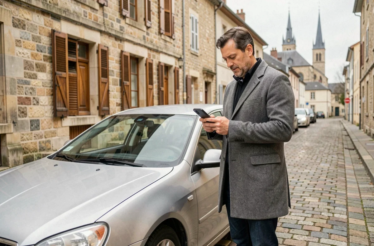 Homme comparant des assurances auto sur smartphone dans une rue de Limoges