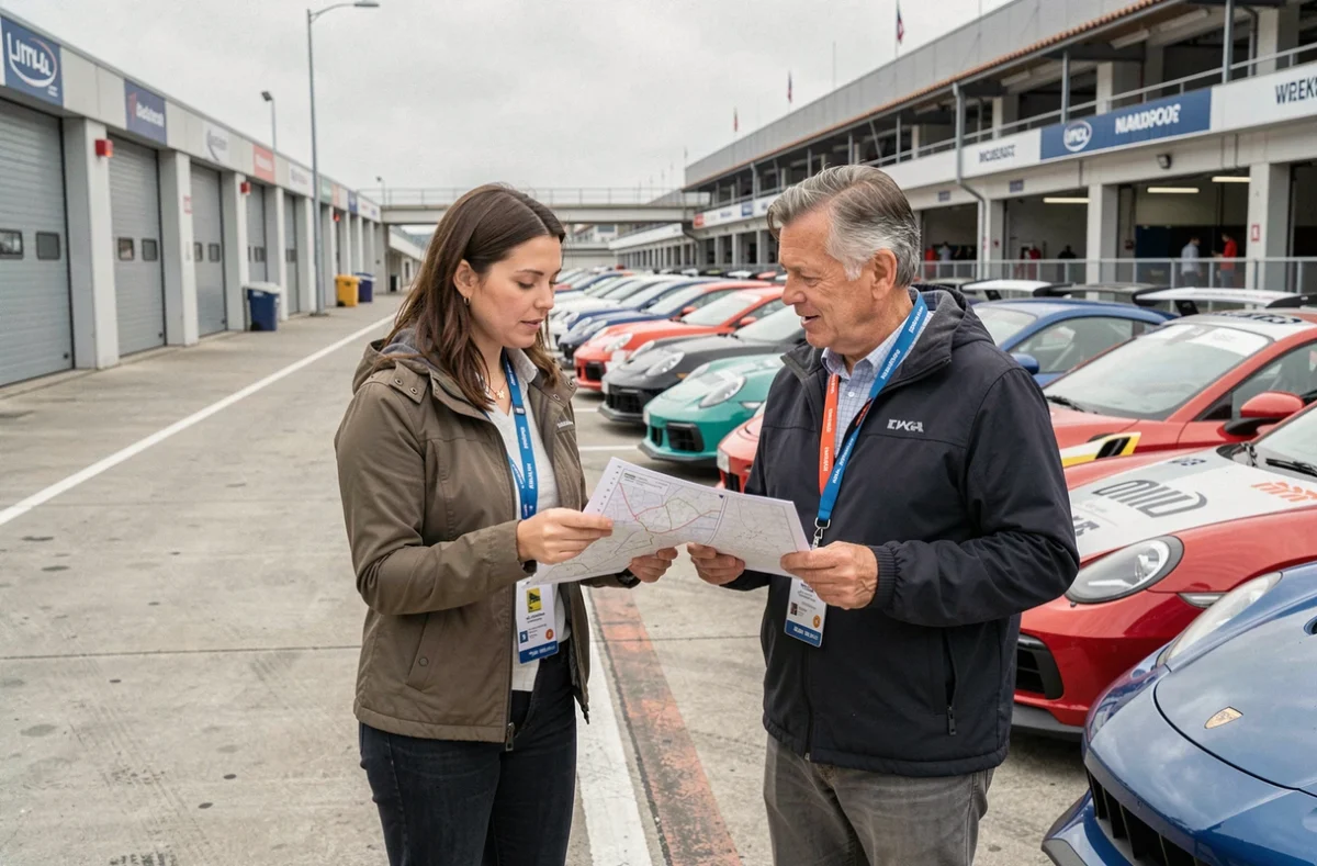 Participants comparant les circuits avant de réserver un stage de pilotage dans les stands d'un circuit automobile