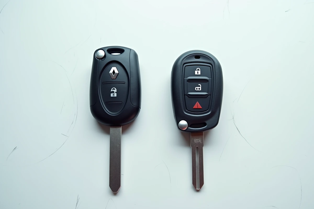 Comparaison entre une clé d'origine Renault Clio 4 et une clé compatible posées sur un établi