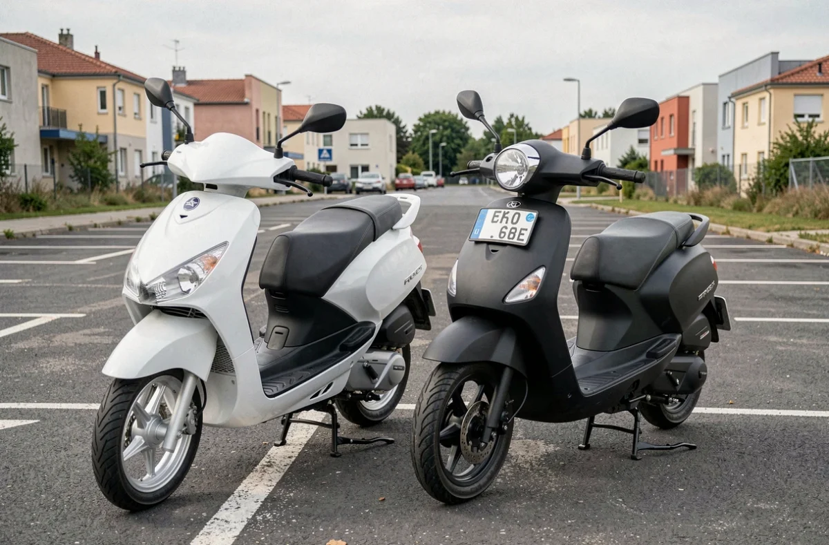 Deux scooters de modèles différents garés côte à côte dans un parking, illustrant la comparaison entre plusieurs assurances scooter