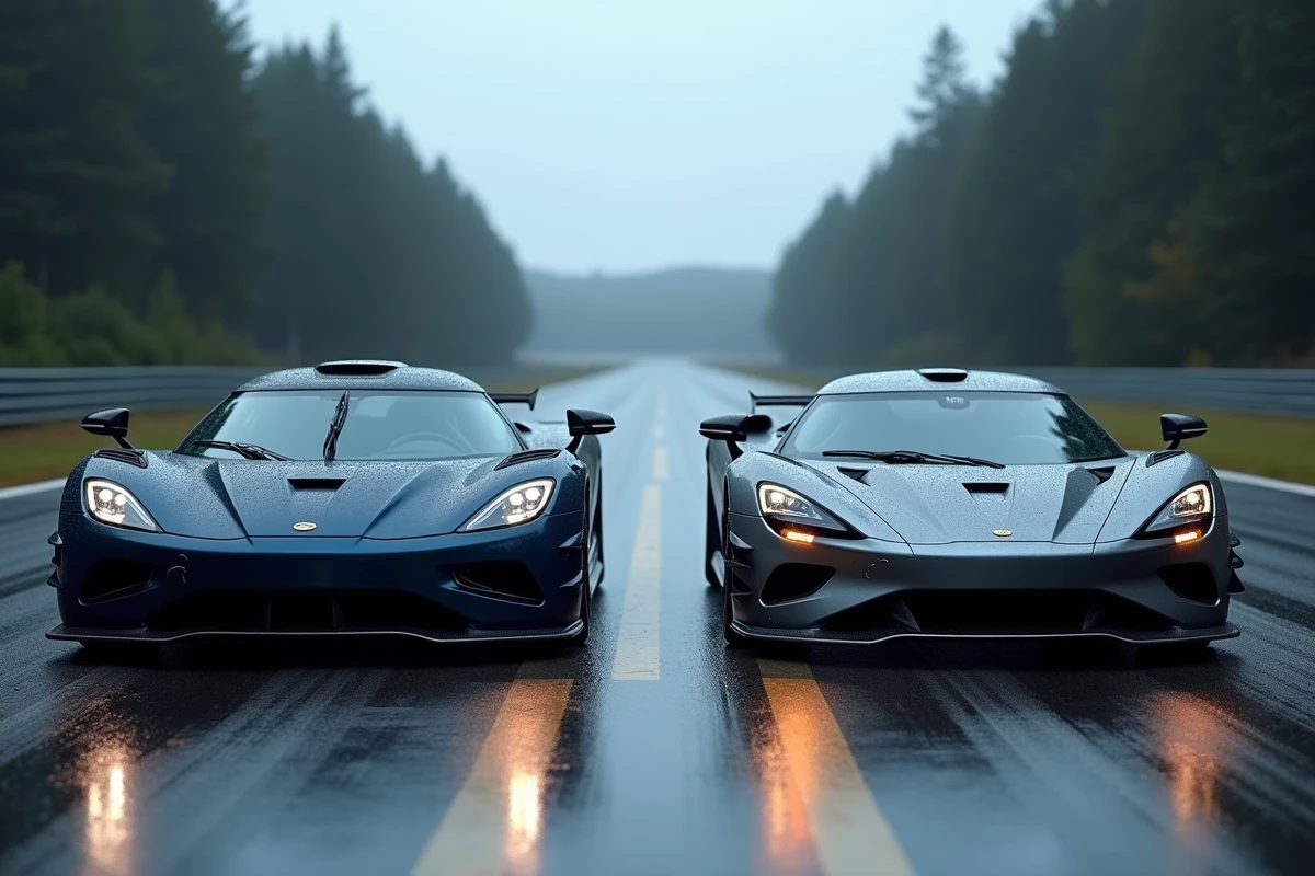 Comparaison côte à côte Koenigsegg Agera et Jesko sur une piste mouillée en Suède au crépuscule, mettant en évidence les différences stylistiques entre les deux hypercars