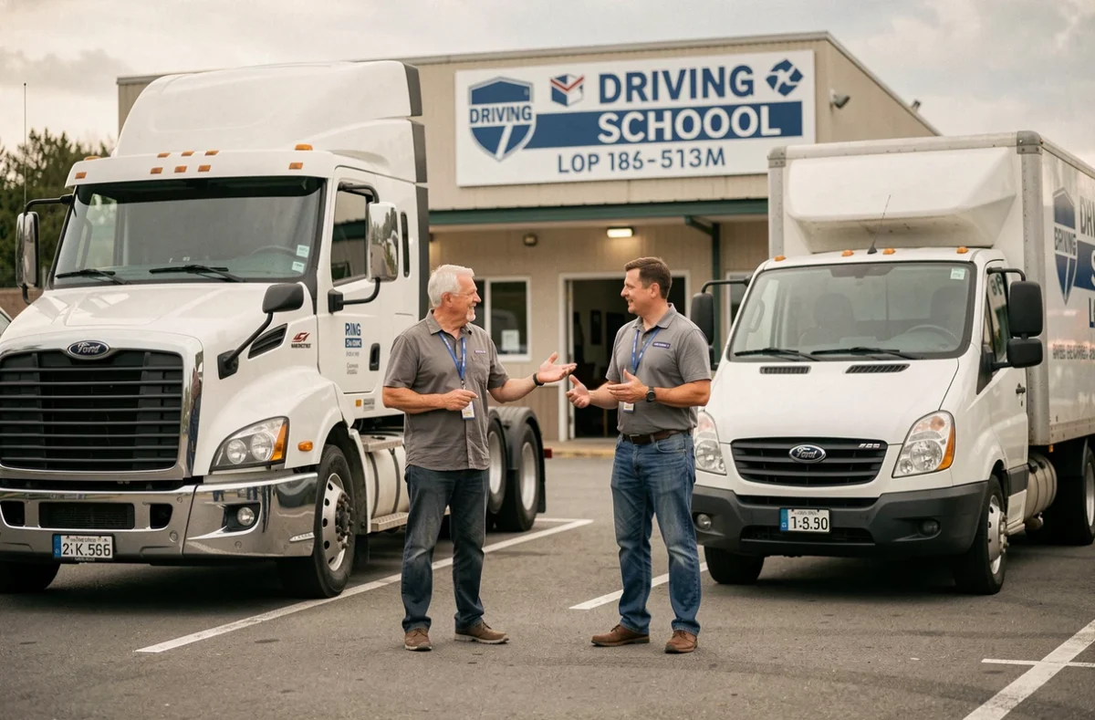 Deux conducteurs professionnels comparant un grand camion permis C et un camion de taille moyenne permis C1 dans un parking d'auto-école spécialisée